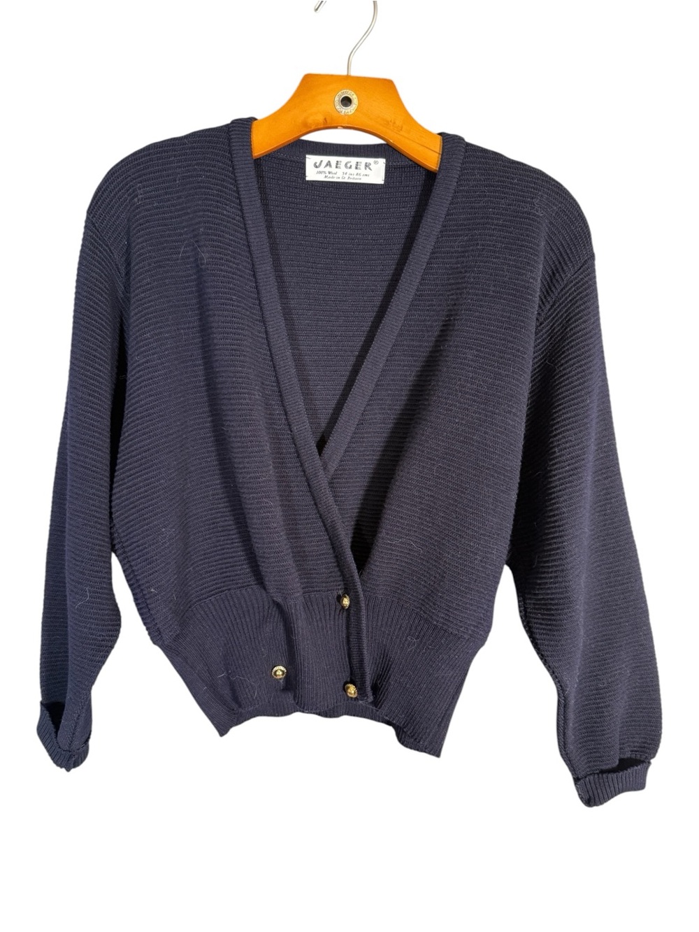 Vintage Jaeger 100% Wool Cardigan Texted Double Breasted Gold Buttons S